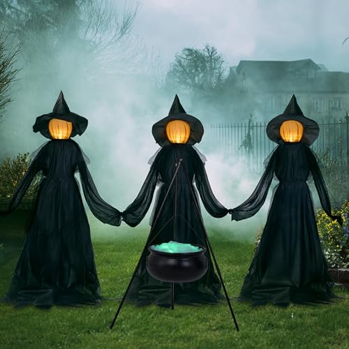 JOYIN 5 FT Halloween Witch Decorations Outdoor, Set of 3 Light Up Holding Hands Witches with Cauldron Yard Stakes, LED Witch Cauldron on Tripod for Graveyard Yard Lawn Party Haunted House Decor