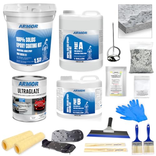 Garage Epoxy Floor Kit – 100% Solids - 2 Part Industrial-Grade Coating w/UltraGlaze Topcoat | DIY Slip & Hot Tire Resistant | 300 Sq Ft - Blue - 17 pc kit