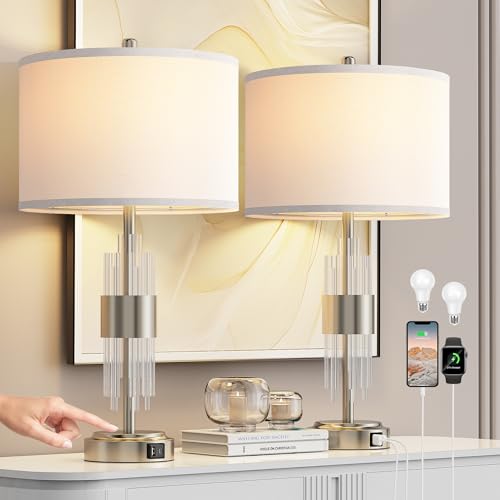 QiMH Table Lamp for Living Room with USB A+C Ports, Gold Bedside Lamps for Bedrooms Set of 2 with Touch Control, Modern Nightstand Lamp White Lamp Shade Home Office Decor (2700K LED Bulb Included)