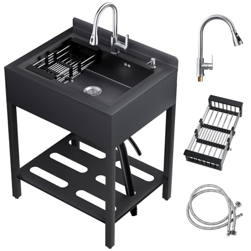 40'' Stainless Steel Utility Sink, Free Stand Commercial Kitchen Single Bowl Sink with Pull-Out Cold & Hot Faucet, Utility Sink for Laundry Room, Kitchen, Bathroom, Hoses & Drain Kit (Style A, Black)