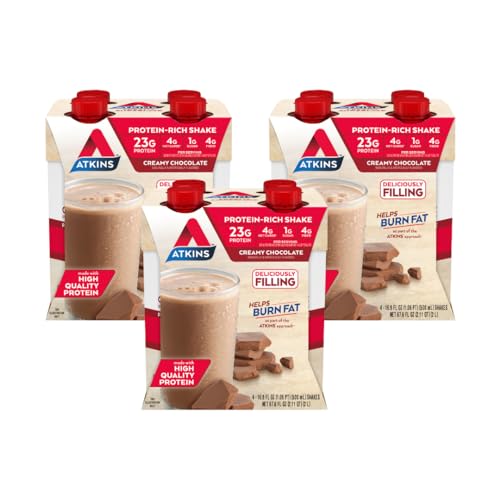 Atkins Creamy Chocolate Meal Size Protein Shake, 23g Protein, Low Glycemic, 4g Net Carb, 1g Sugar, Keto Friendly, 12 Count