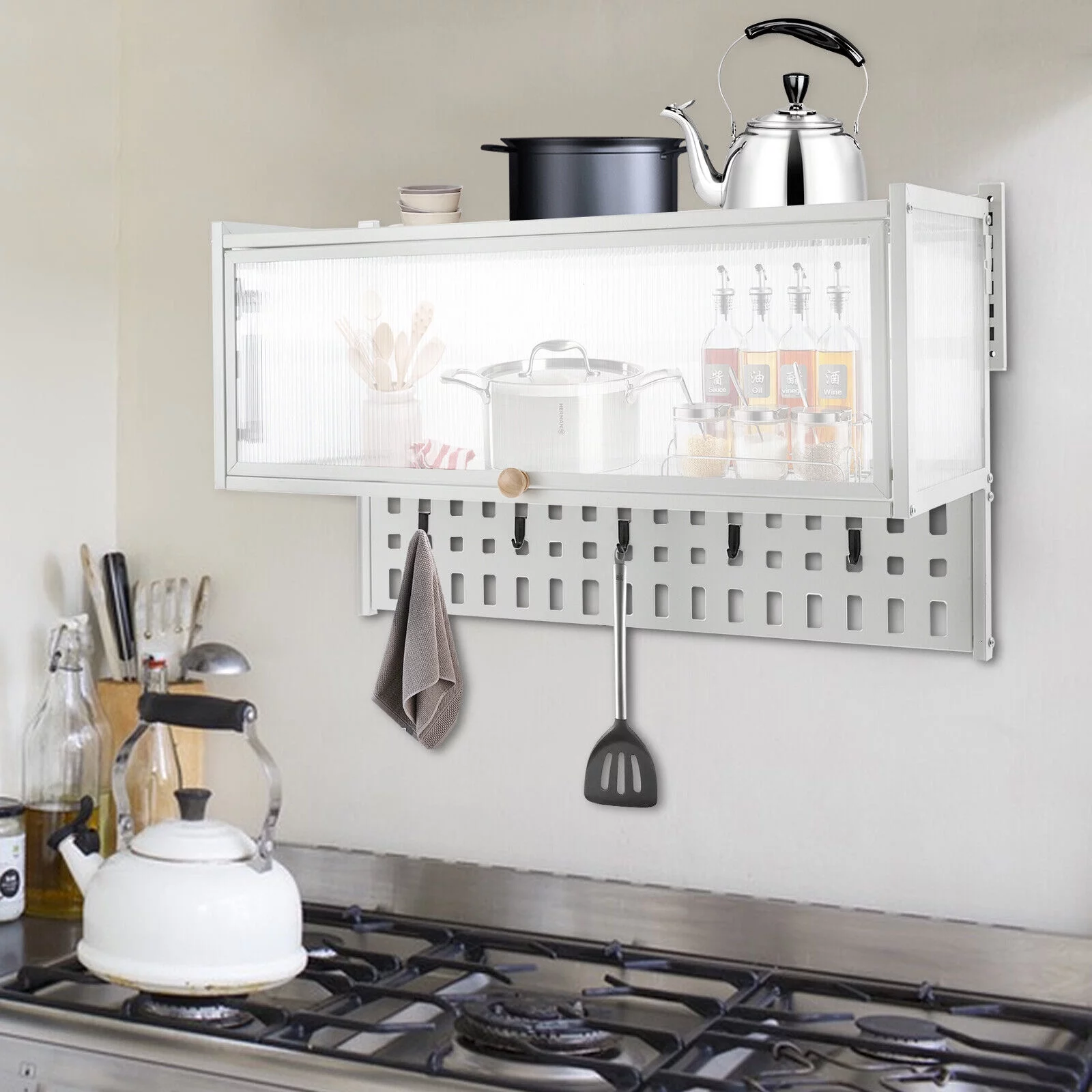 Miumaeov Wall Mounted Cabinet w/ Flip-Up Door Kitchen Pantry Storage Organizer Cabinet with 5x Hooks &Hanging Board