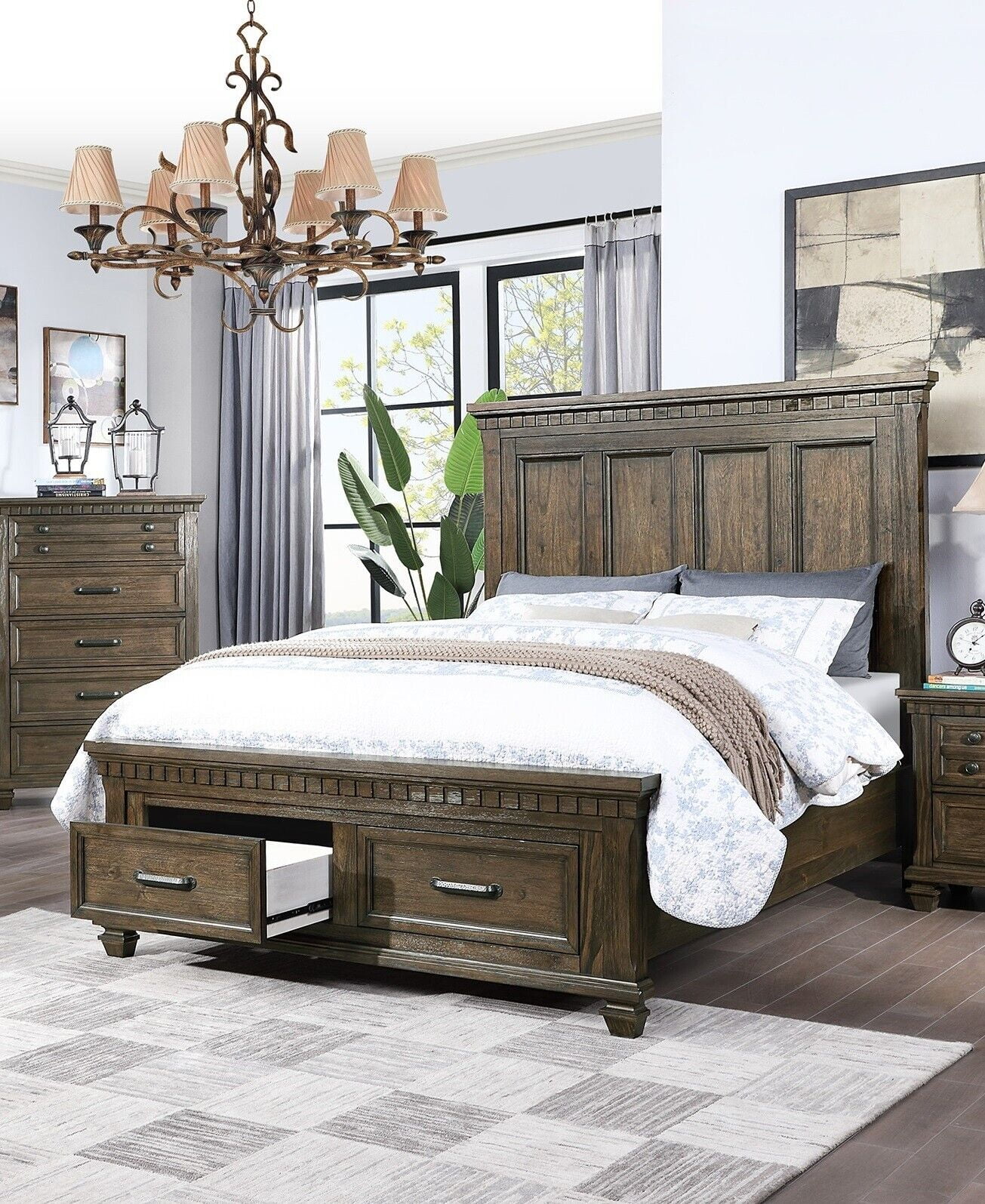 Traditional Unique Design Queen Size Bed 1pc Bedframe High Headboard Storage Drawers Footboard Antique Brown Finish