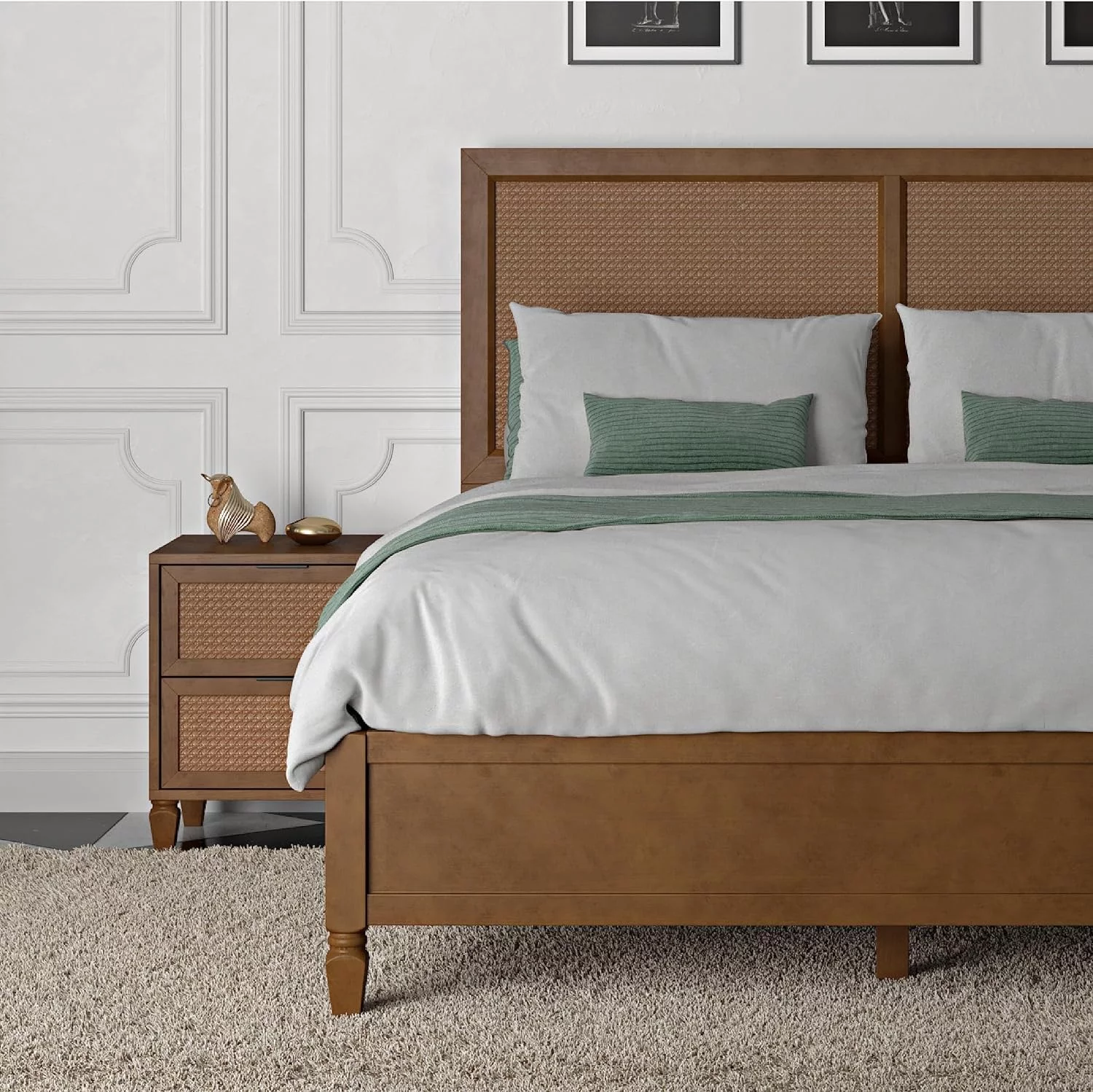 DG Casa Cove Rattan 2-Drawer Small Nightstand in Walnut with Mixed Materials & Detailed Leg Design