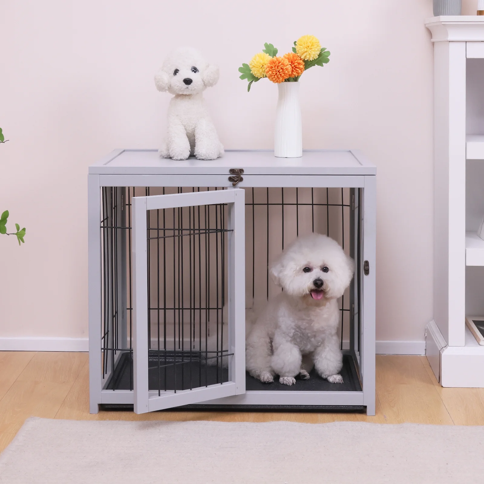 Walnest Wooden Dog Crate Furniture,Pet Kennel End Table, Dog Cage with Door for Small Dogs&Cats, Gray 28