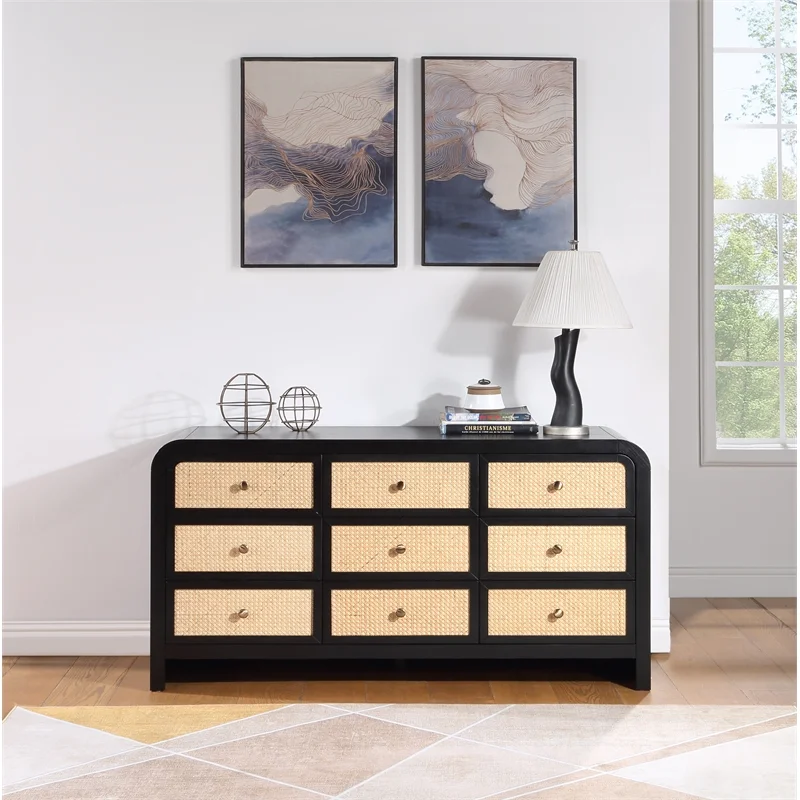 Meridian Furniture Siena Black Ash Wood and Natural Cane Dresser
