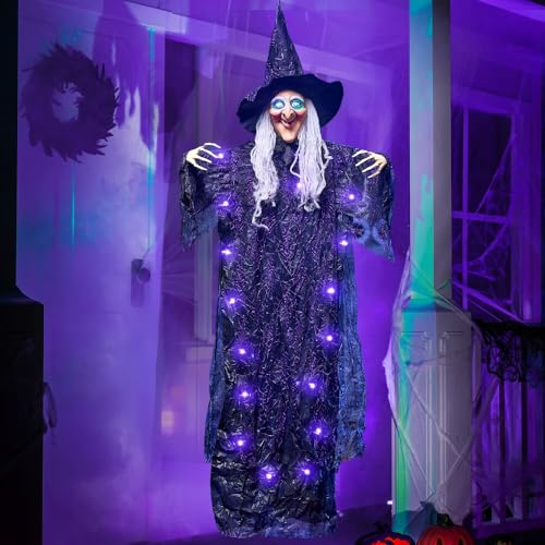 JOYIN 72” Halloween Decorations Indoor Hanging Talking Witch Decor, Light Up Ghost with Purple Eyes Sound Activation Haunted House Party Supplies Prop