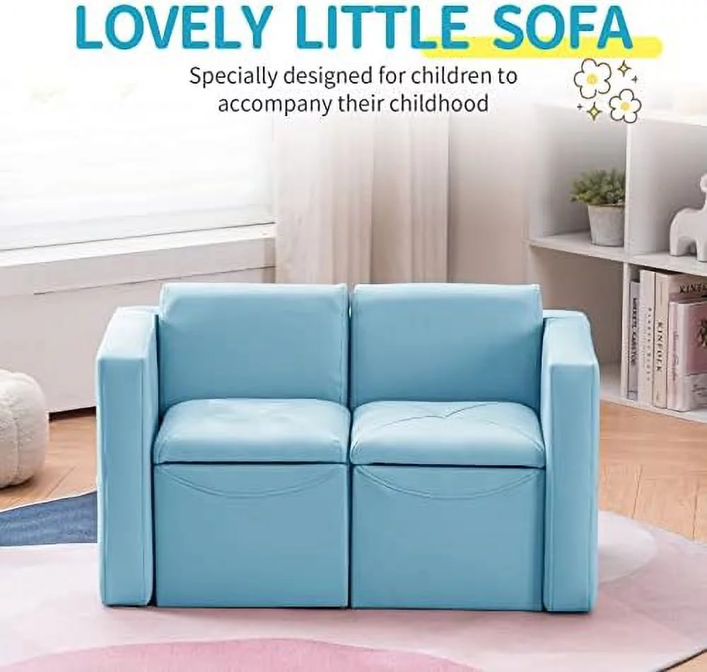 HJZBNONE \u2013Kids Sofa  2-in-1 Double Set Sofa Convert to Table & 2 Chairs  Toddler Lounge with Leather Surface  Children Boys Girls Couch Armrest Chair with  Box (ZKL-111K-Light Bl