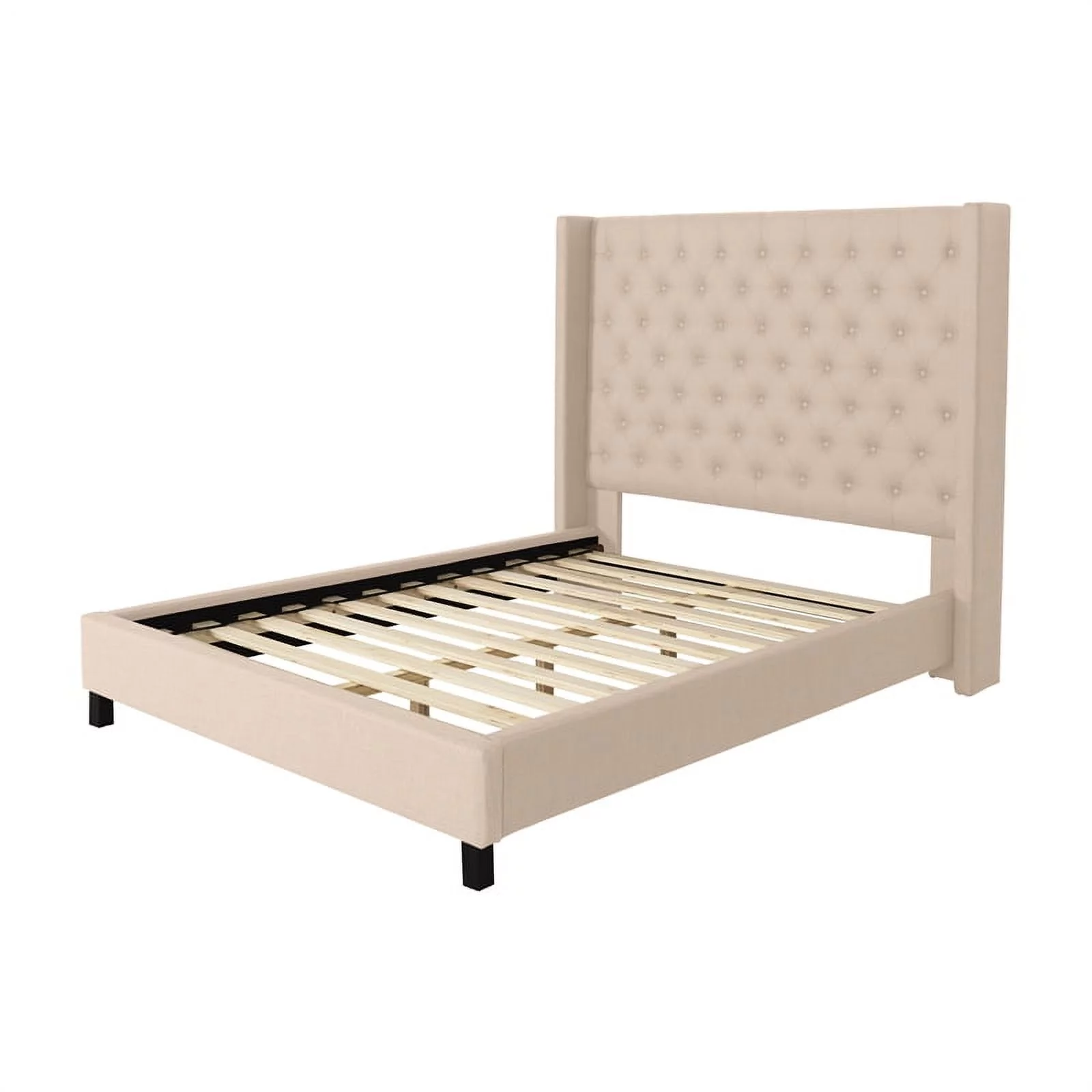 CorLiving Fairfield Fabric Tufted Wingback Queen Bed with Slats in Cream