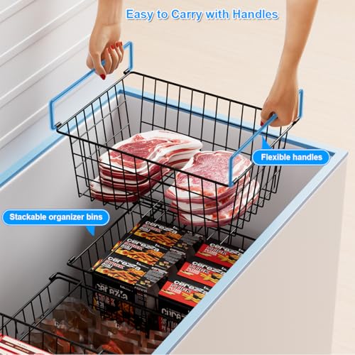 Freezer Organizer Bins, Large Capacity Stackable Baskets for Deep Chest Freezer Easy Get and Sort Bottom Frozen Meats Food Storage Containers Pantry Storage and Organization, 4pcs