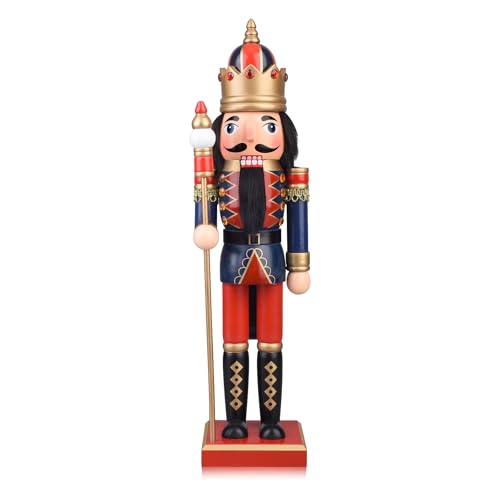 Christmas Nutcracker Figures - 15 Inch Wooden Nutcracker King with Scepter Ornaments for Xmas Tabletop Festival Shelves Decorations