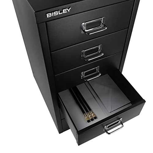Bisley 10-Drawer Steel MultiDrawer Cabinet - Black, Chrome Pull Handles with Label Holders, Powder-Coated Steel, Removable Drawers, Fits Under Most Desks, Labels Included