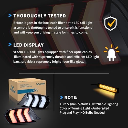 VLAND LED Rear Lights Compatible with Mustang 2015-2023 w/Sequential Turn Signal (5-Modes Switchable Lighting), Clear Lens Taillight Assembly, Passenger&Driver Sides (Clear)