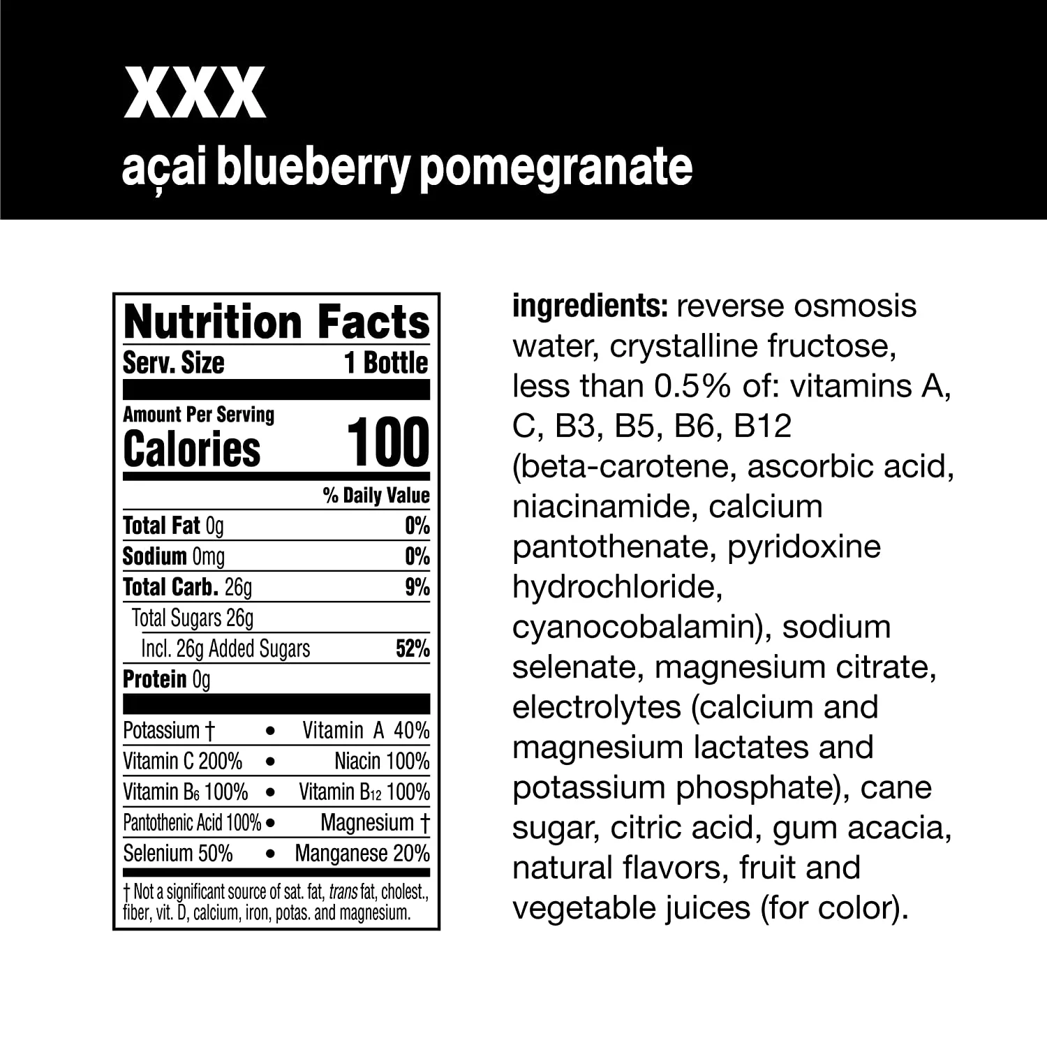 xxx, electrolyte enhanced water w/ vitamins, açai-blueberry-pomegranate drinks, 20 fl oz, 12 Pack
