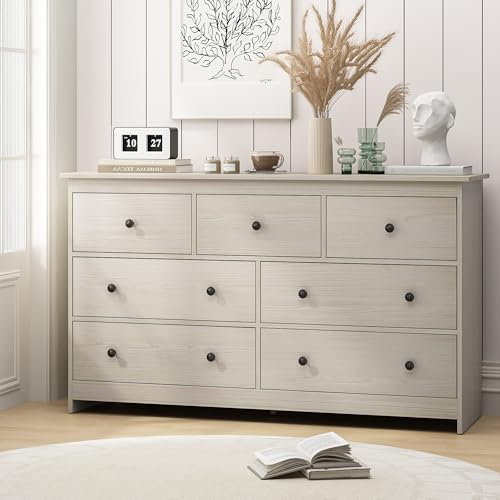 JOZZBY 7 Drawer Dresser for Bedroom, 55 Inch White Wooden Large Dresser with Golden Handles, Modern Chests of Deep Drawers Organizer for Home Office, Hallway