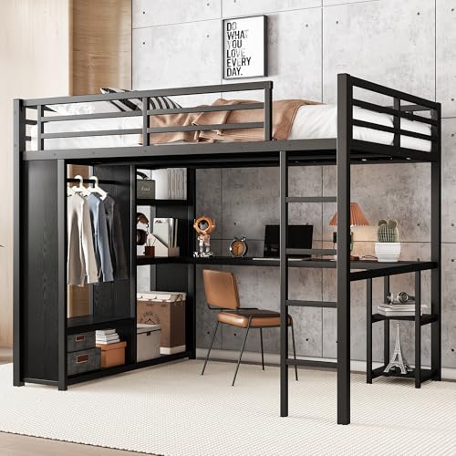 Ball & Cast Full Size Loft Bed with L-Shaped Desk & Wardrobe, Metal Loft Bed with Storage Cubes and Shelves, Loft Bed Frame with Full-Length Guardrails,Space-Saving,No Box Spring Needed, White