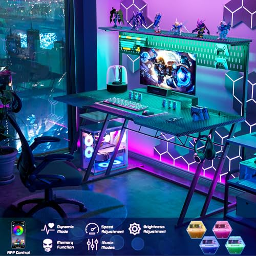 Armocity Gaming Computer Desk with Shelves and Outlets, Gaming Desk with Hutch and LED Lights, Reversible PC Gaming Desks with Pegboard, Carbon Fiber Black 47''