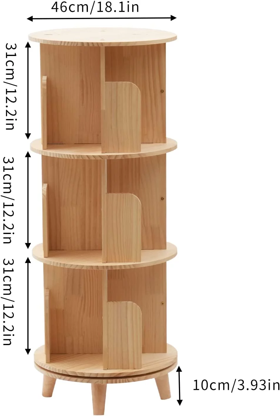 360 Degree Display Wooden Rotating Bookshelf W/4 Legs Floor Standing Bookcase(3 Tiers)