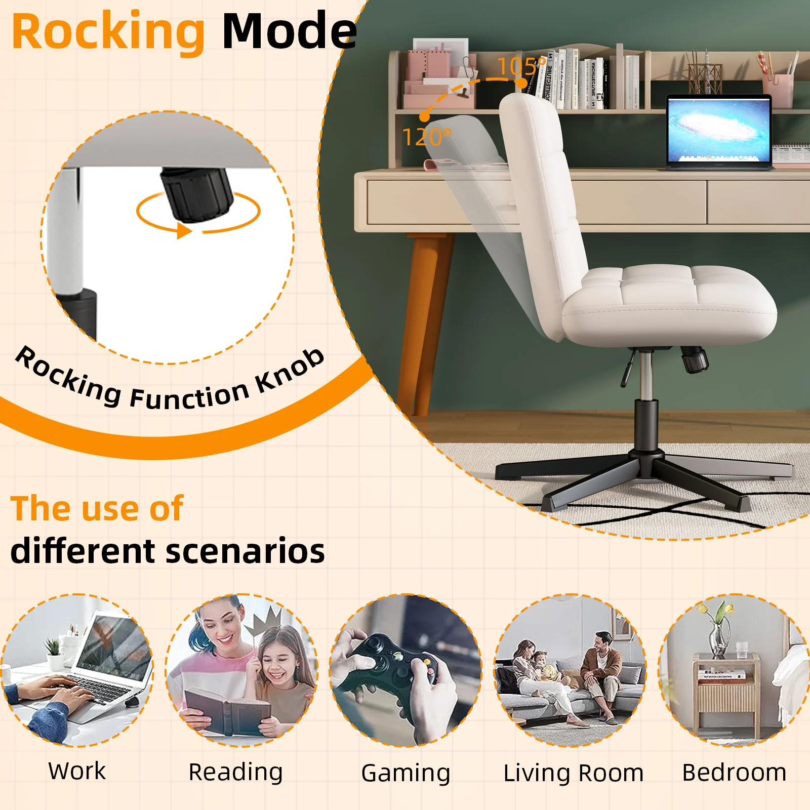 SeekFancy Criss Cross Legged Office Chair, Pu Leather Armless Desk Chair No Wheels, Wide Seat Home Office Task Chair Mid Back Vanity Chair, White