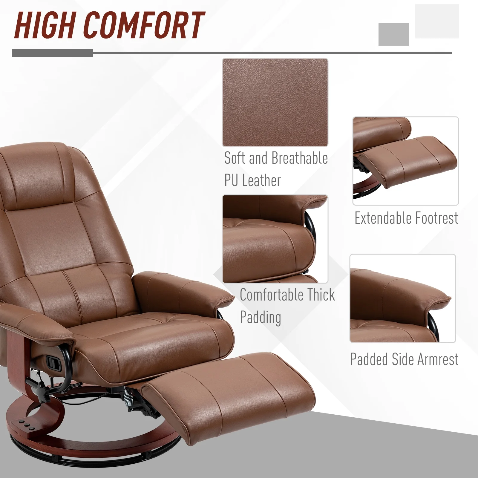 HOMCOM Faux Leather Manual Recliner with Swivel Wood Base, Brown