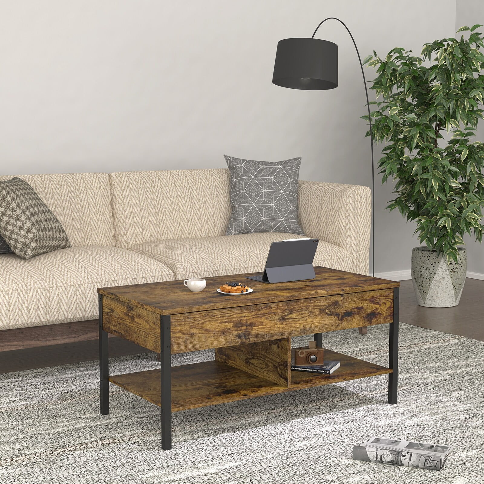 LivEditor Living Room Lift Top Coffee Table with Hidden Storage - 2 Colors Brown