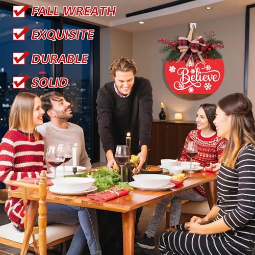 Christmas Door Sign for Front Door, 12 Inch Merry Christmas Welcome Hanging Wreath Decor with Bow, Rustic Farmhouse Holiday Hanger for Porch, Wall, Indoor Outdoor (Christmas Door Sign-D)