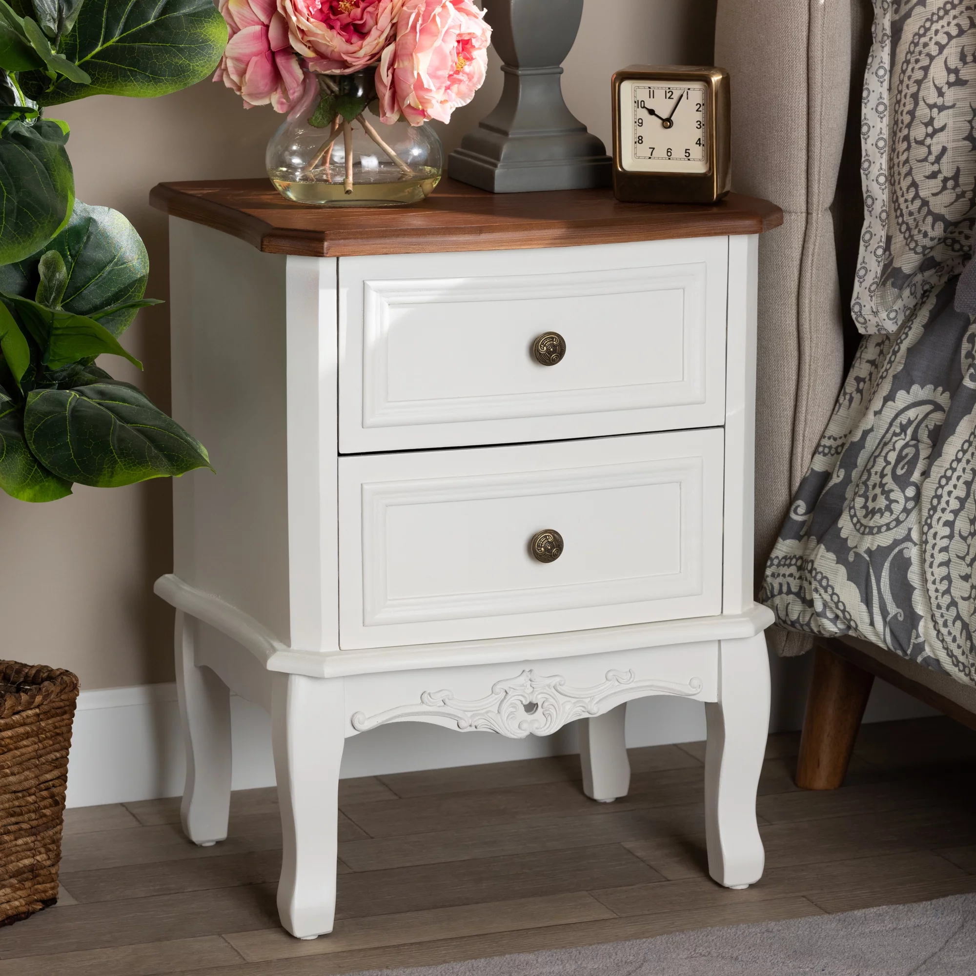 Baxton Studio Darlene Classic and Traditional French White and Cherry Brown Finished Wood 2-Drawer End Table