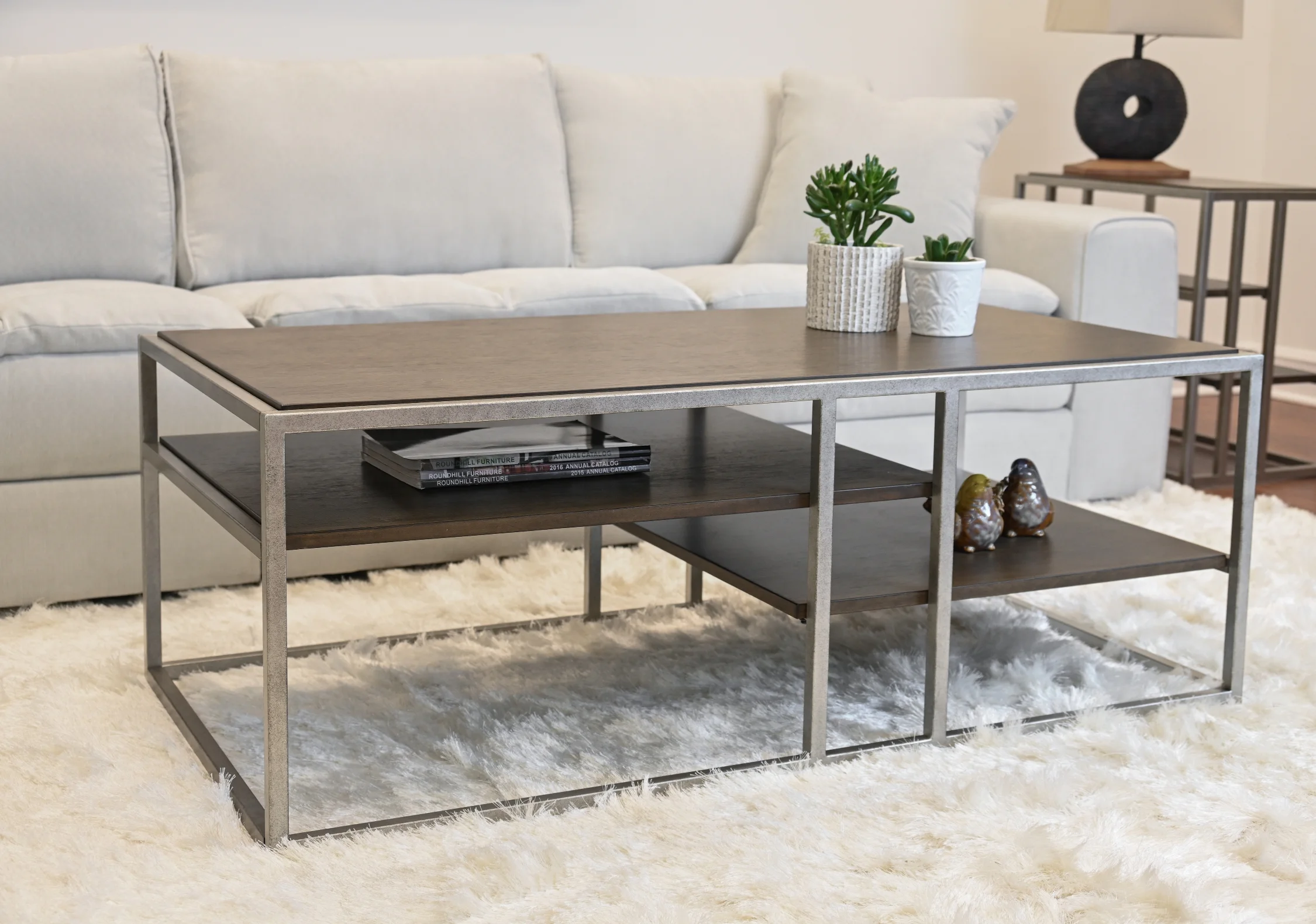 Roundhill Furniture Wood/Metal Padena Coffee Table with Shelf in Graphite Gray