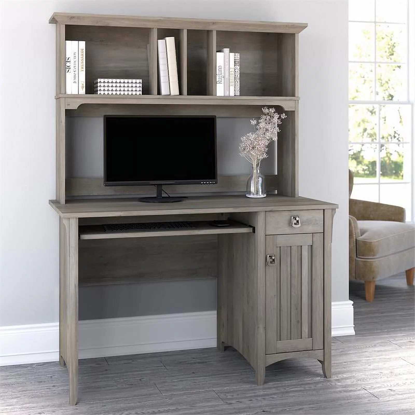 UrbanPro Farmhouse Small Computer Desk with Hutch in Driftwood Gray