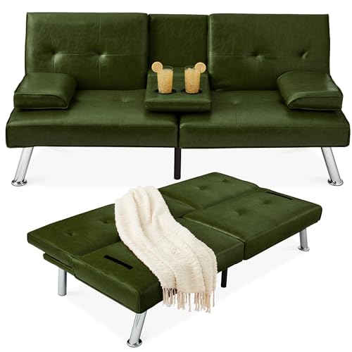 Best Choice Products Faux Leather Upholstered Modern Convertible Futon, Adjustable Folding Sofa Bed, Guest Bed w/Removable Armrests - Blue