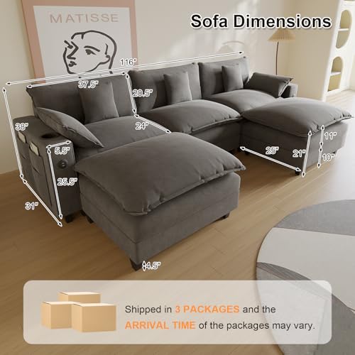 Modular Sectional Sofa, Cloud Couch with Ottoman, Charging Station, Throw Pillows, Cup Holders, Modern Convertible U Shaped Couches for Living Room, Bedroom and Apartment (White, 116