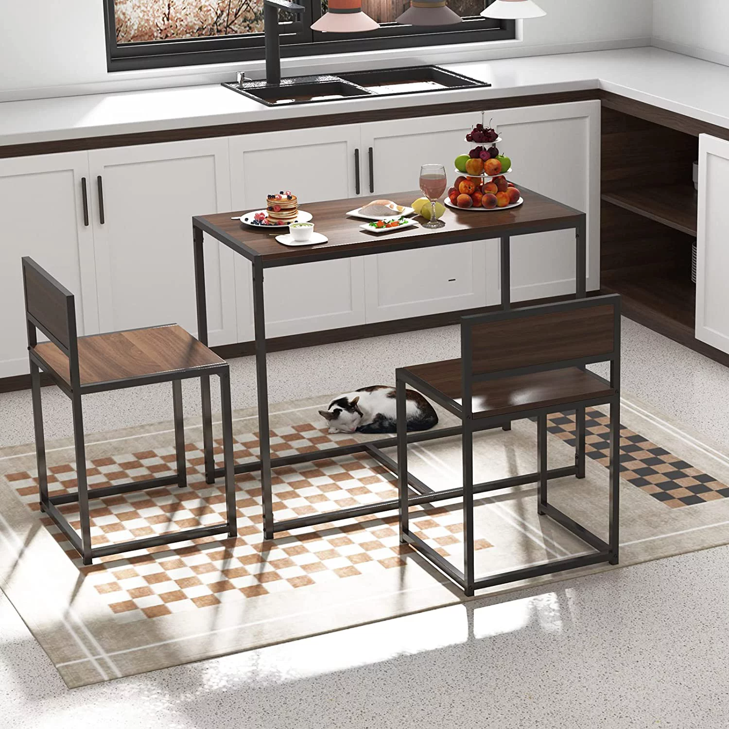 QCAI Compact Dining Table Set with 2 Chairs, Small 3 Piece Lunch Table Set, Breakfast Table Chair Set for Kitchen, Living-Room