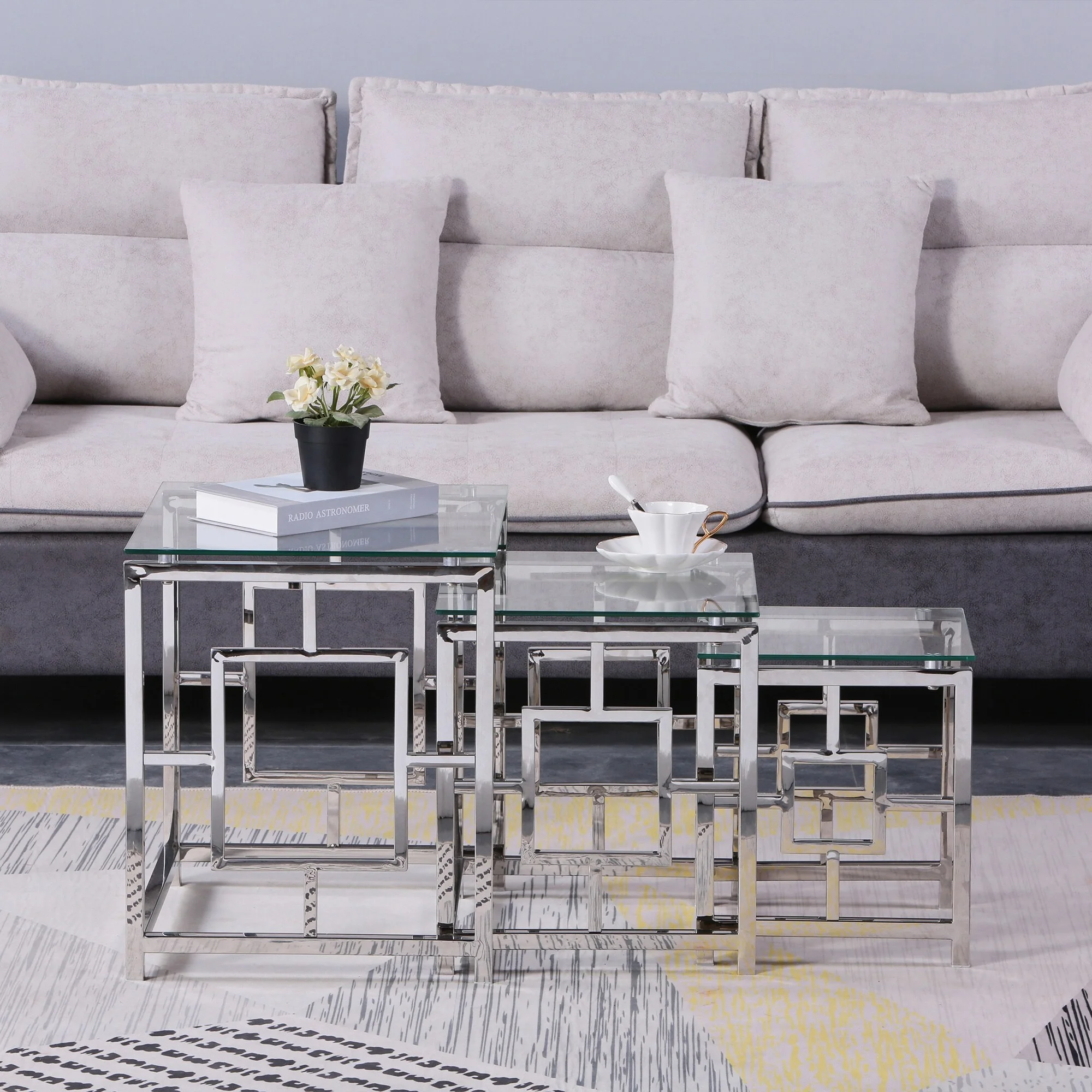 ANDEONLINE IN Set of 3 Metal Nesting Tables Glass End Tables