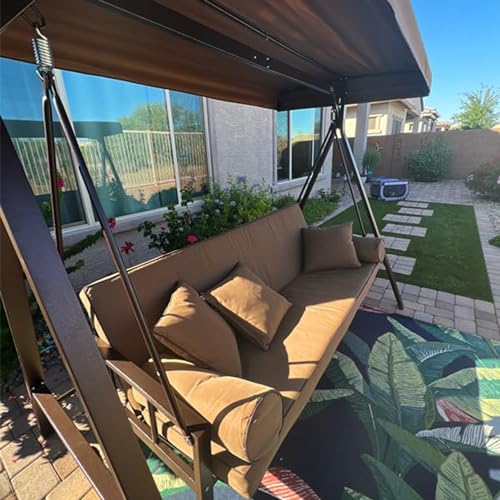 PURPLE LEAF Outdoor Patio Porch Swing with Adjustable PVC Canopy, 3-seat Swing Chair Bench with Side Cup Holder for Backyard Front Porch Lawn, Cushions and Pillow Included, Grey