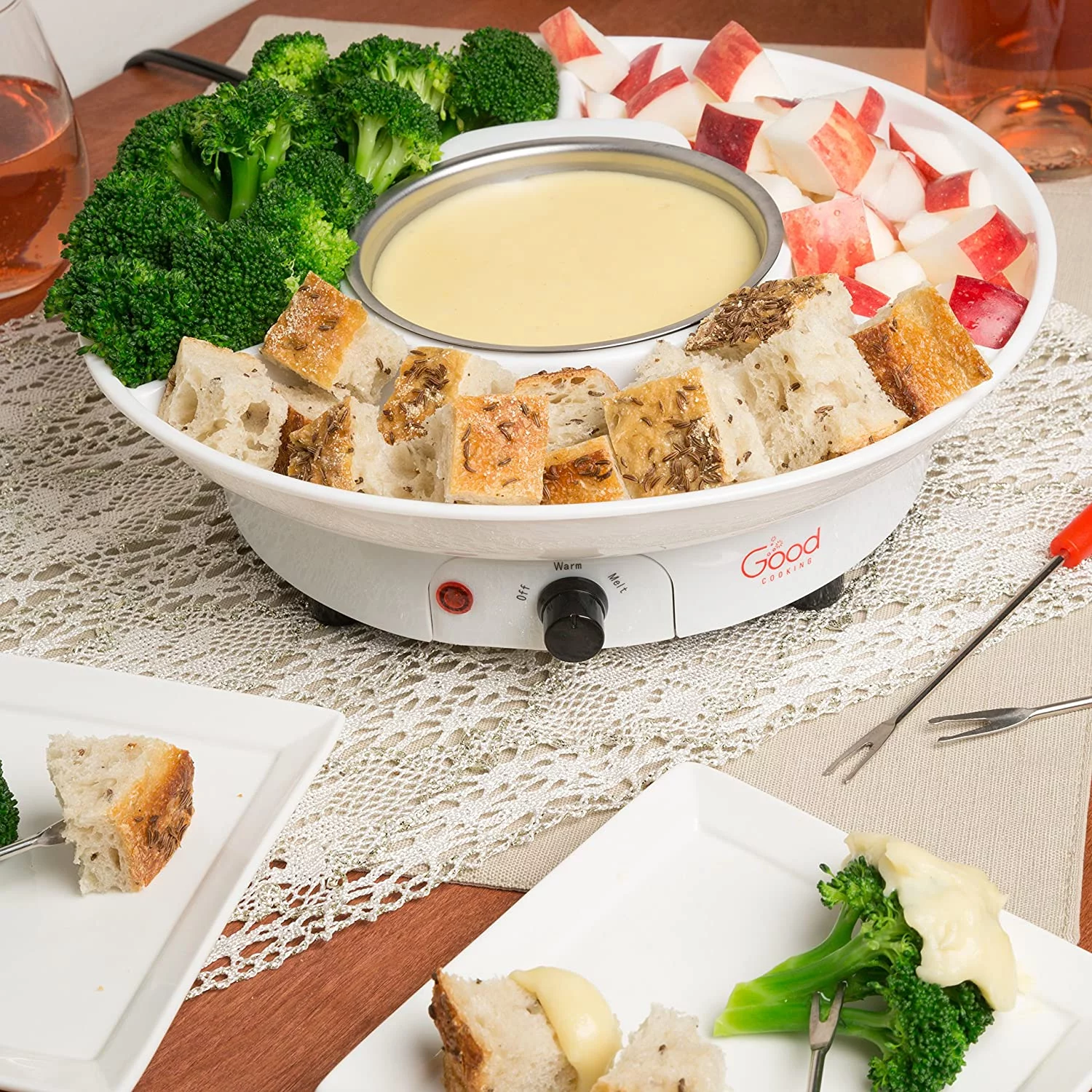 Deluxe Electric Fondue Maker Set w 4 Forks & Removable Serving Tray -Features Melting & Warming Setting -Perfect for Dipping Snacks in Chocolate, Caramel, Cheese, sauces