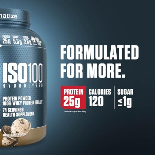 Dymatize ISO100 Whey Protein Powder Isolate, Cookies & Cream, 25g of Protein, 20 Servings, 5.5g BCAAs, Less Than 120 Cal., Gluten Free, 1g Fat, 1g Sugar, 2g Carb