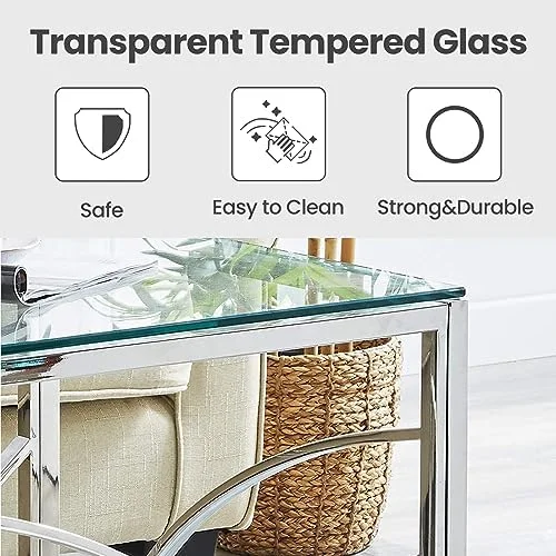 KHBIULIFE Accent Glass End Table Silver - Set of 1 Modern Square 21.45" Small Coffee Table Tempered Glass with Stainless Steel Frame  Sleek Side Table  Sofa Table for Living Room