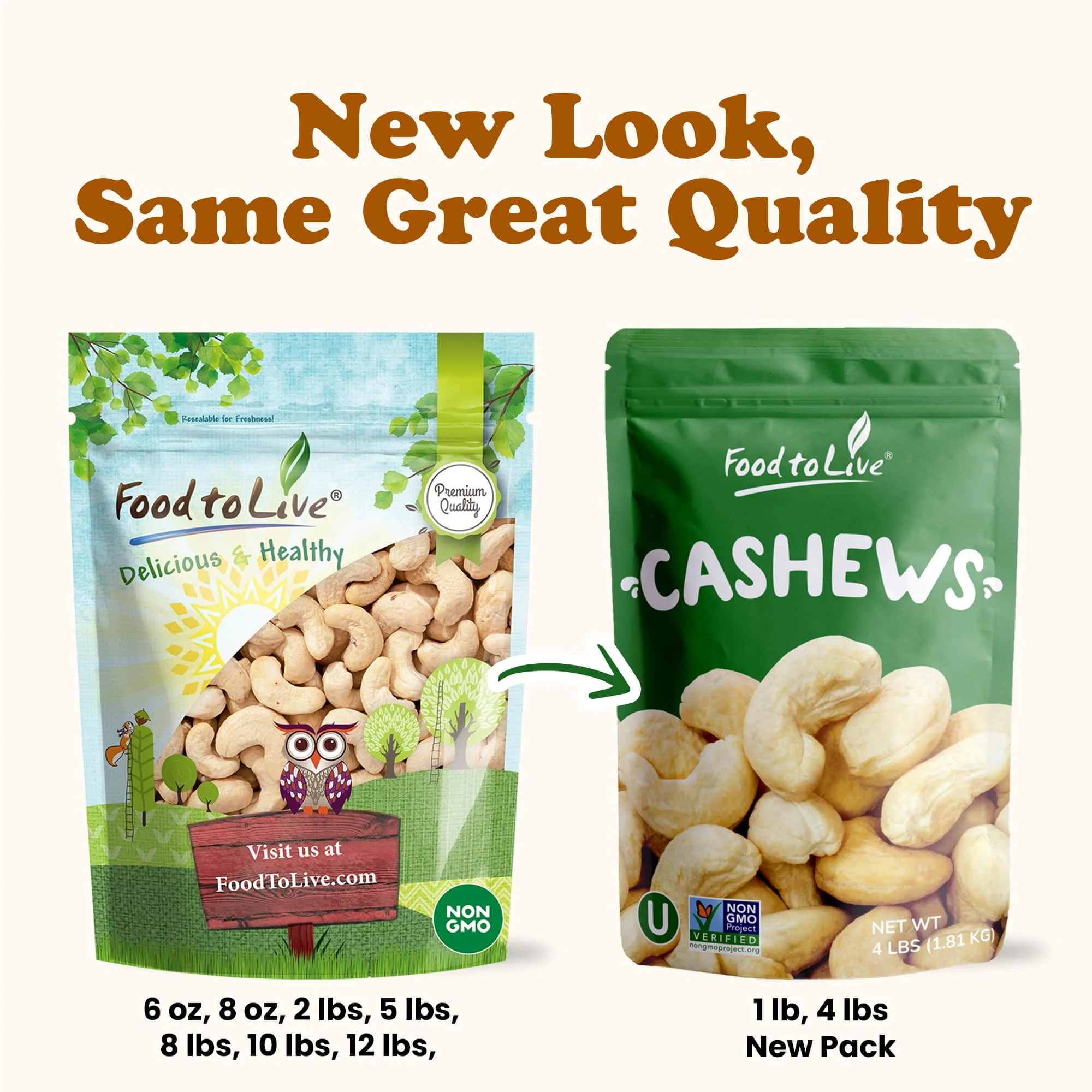 Food to Live, Whole Cashews W320, Non-GMO Verified, 8 Pounds, Raw