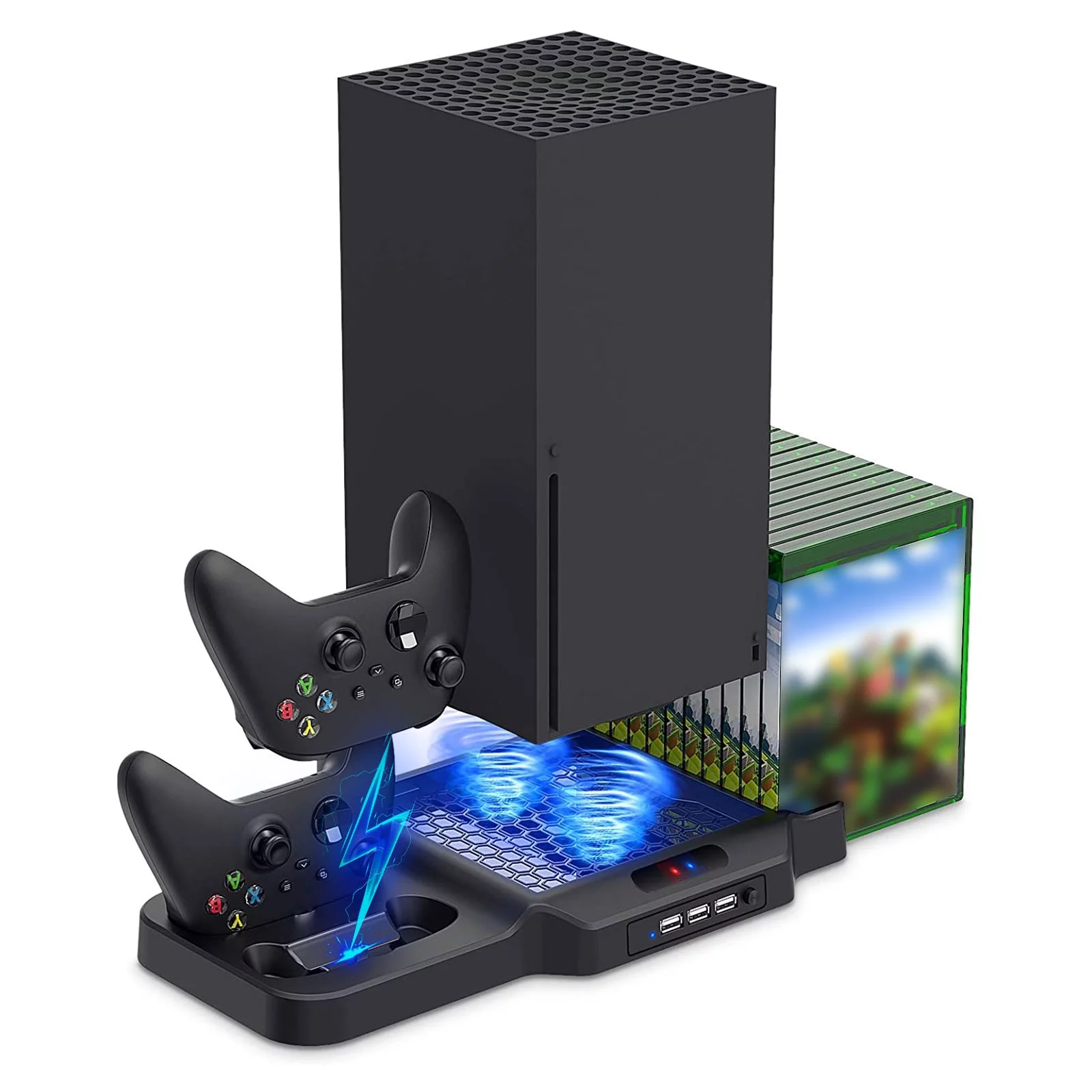 Vertical Stand for Xbox Series X/S with Cooling Fan, Charging Station for Xbox Series X/S with Controller Charger Dock and Game Rack Storage Organizer 3 USB Ports