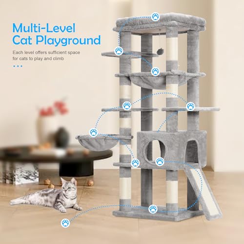 Hey-brother Cat Tree Tower, Scratching Posts with Condo, Large Hammock and Bed, Sisal Scratch Board, Basket, Multi-Leval for Big Indoor Cats, 60 inches, Smoky Gray MPJ057G