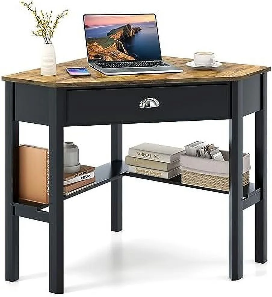 HJNIUNIU Corner Desk with Drawer and Shelves  Wooden Home Office Desk Triangle Computer Desk  Writing Study Desk Computer Workstation  Makeup Vanity Table (Rustic Brown & Black)