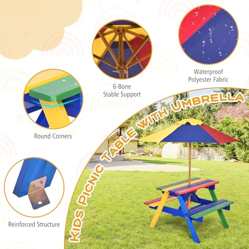 Costzon Kids Picnic Table, Fir Wood Kids Outdoor Table and Chairs with Removable Umbrella, Toddler Picnic Table for Patio, Backyard, Garden (Natural)