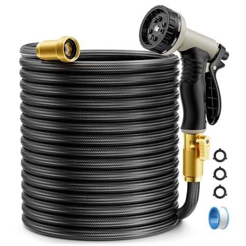 Garden Hose Non-Expandable 50ft, Outdoor and Garden Flexible Water Hose with 10 Function Nozzles, Portable, Kink-Free, Rust Proof, Lightweight Hose for Yard, Car Wash, Lawn, Camper, Easy to Store