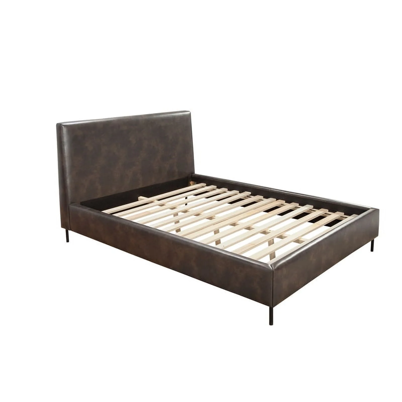 Benzara Upholstered Faux Leather & Solid Wood King Bed with Metal Legs in Gray