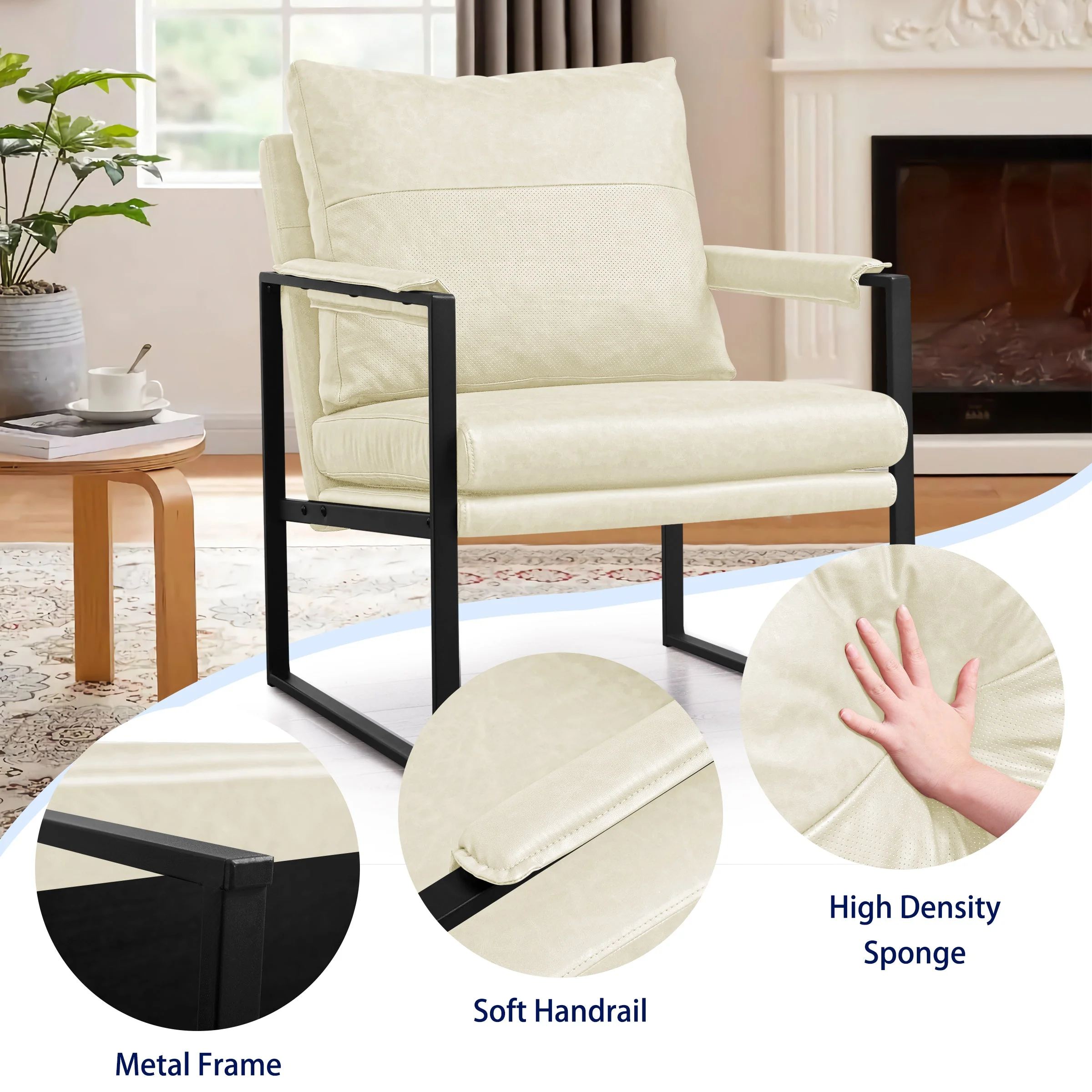 Subrtex Metal Frame Accent Chair Faux Leather (1 Pack, White)