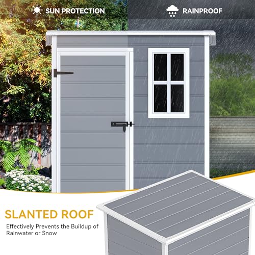 DWVO 5x3ft Resin Outdoor Storage Shed with Floor, Waterproof Lockable Storage Shed with Window, Plastic Outside Tool Storage for Garden, Backyard, Patio, Lawn, Gray