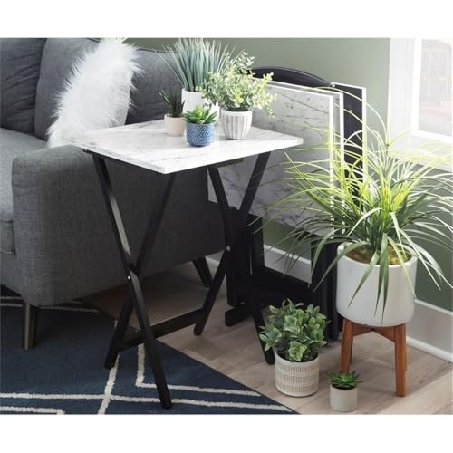 Pemberly Row 5 Piece Wood Folding Faux Marble Table Tray Set in Brown