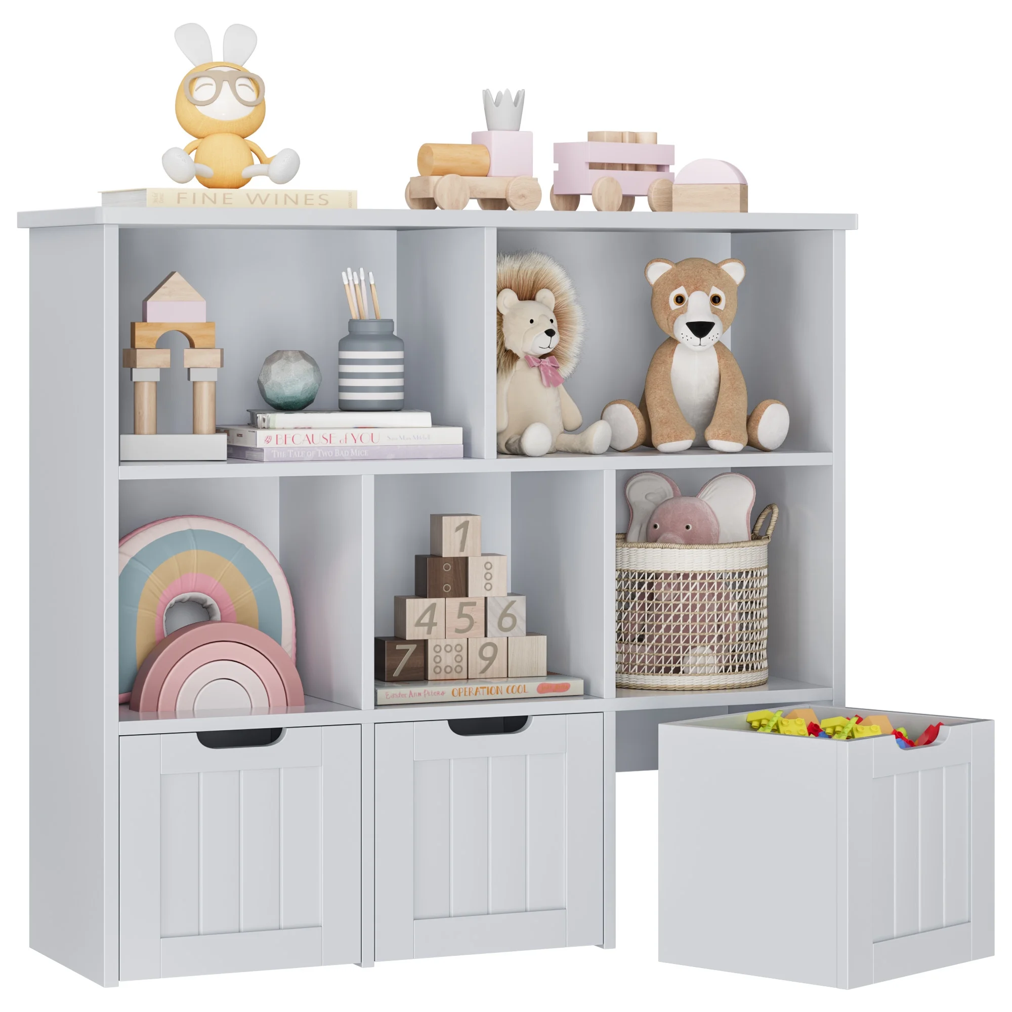 Homfa 5 Storage Cube Organizer, Open Toy Display Bookshelf with Drawers, Gray Finish