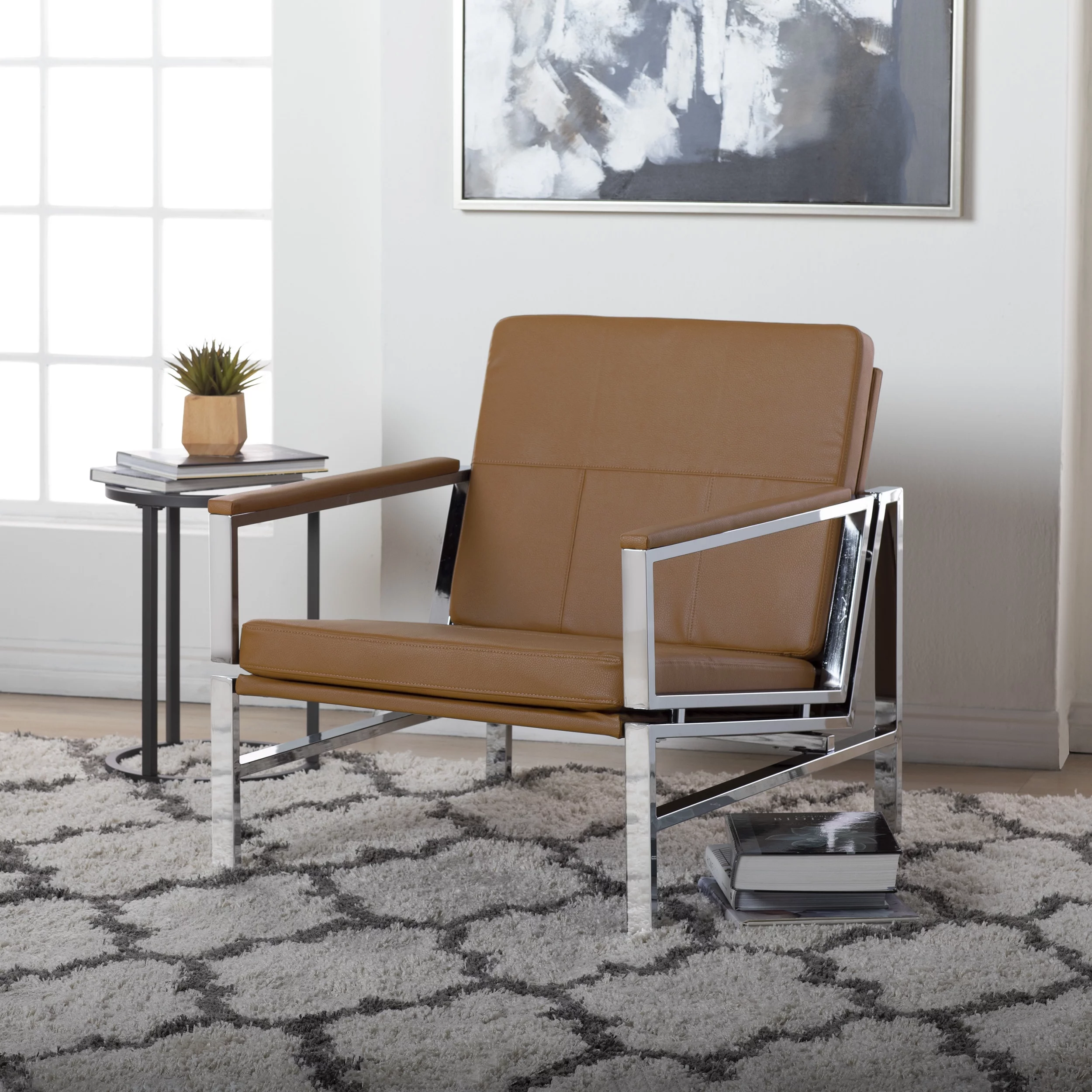 Atlas Mid Century Modern Living Room Accent Arm Chair in Blended Leather and Metal Frame