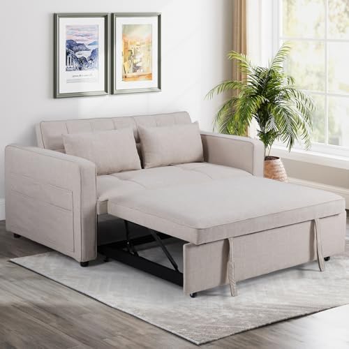 3-in-1 Convertible Sleeper Sofa Bed, Futon Couches with Pullout Bed, 2-Seater Loveseat Sofa with Storage Pockets, Adjustable Backrest and Toss Pillows for Living Room Apartment, Grey